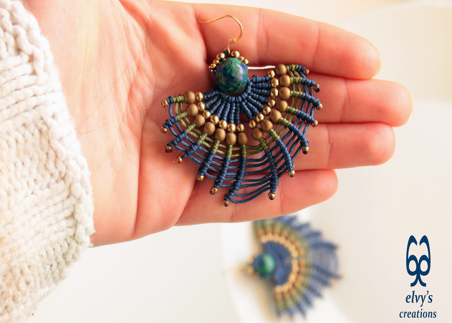 Macrame Earrings with Natural Amazonite and Hematite Peacock Colors and Small Brass Beads