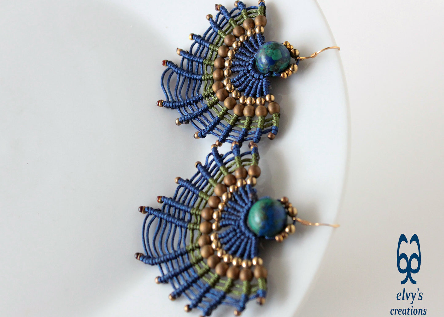 Macrame Earrings with Natural Amazonite and Hematite Peacock Colors and Small Brass Beads