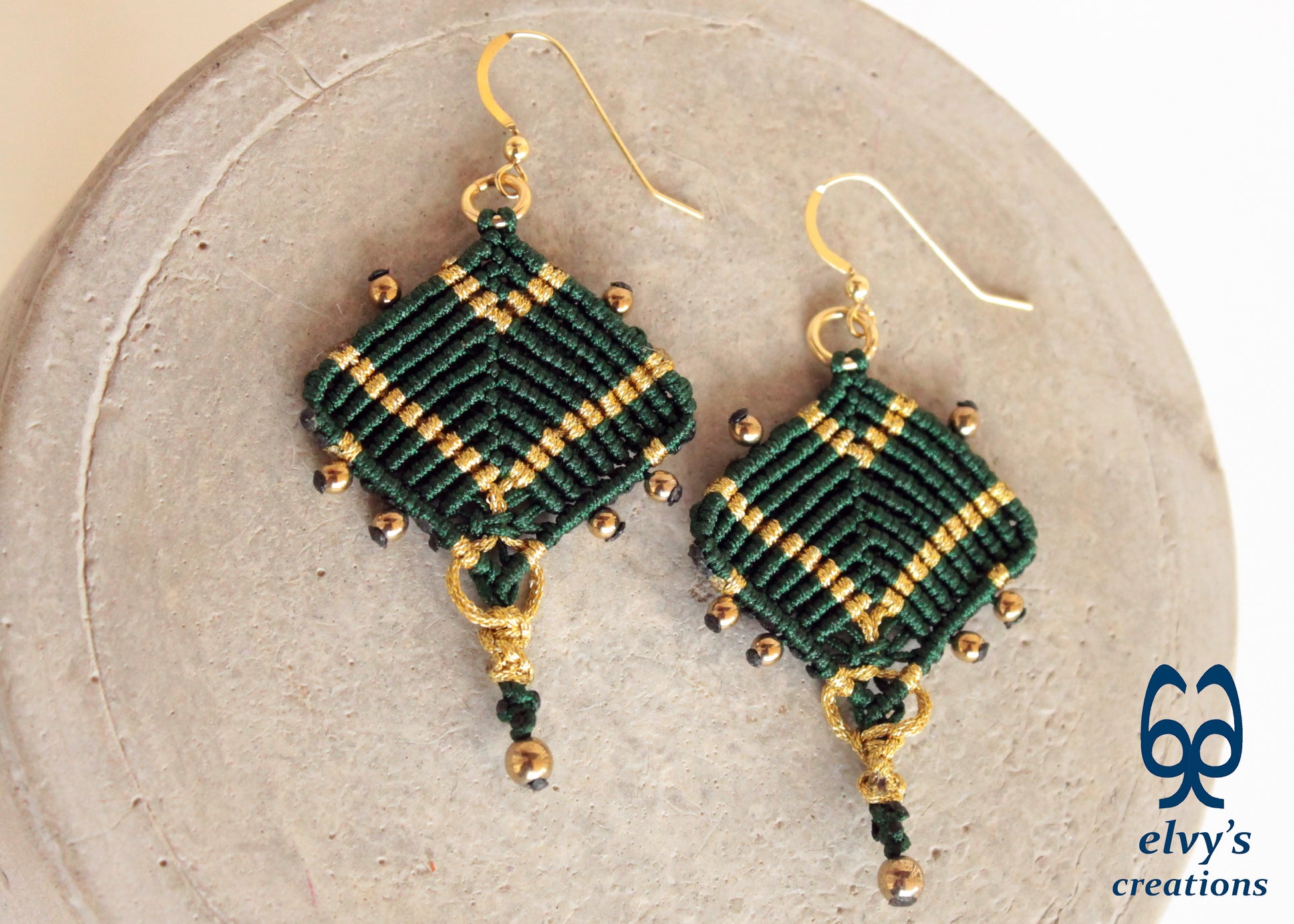 Handmade Green and Gold Macrame Earrings, Dangle Gemstone Beads Earrings, Birthday Gift for Women