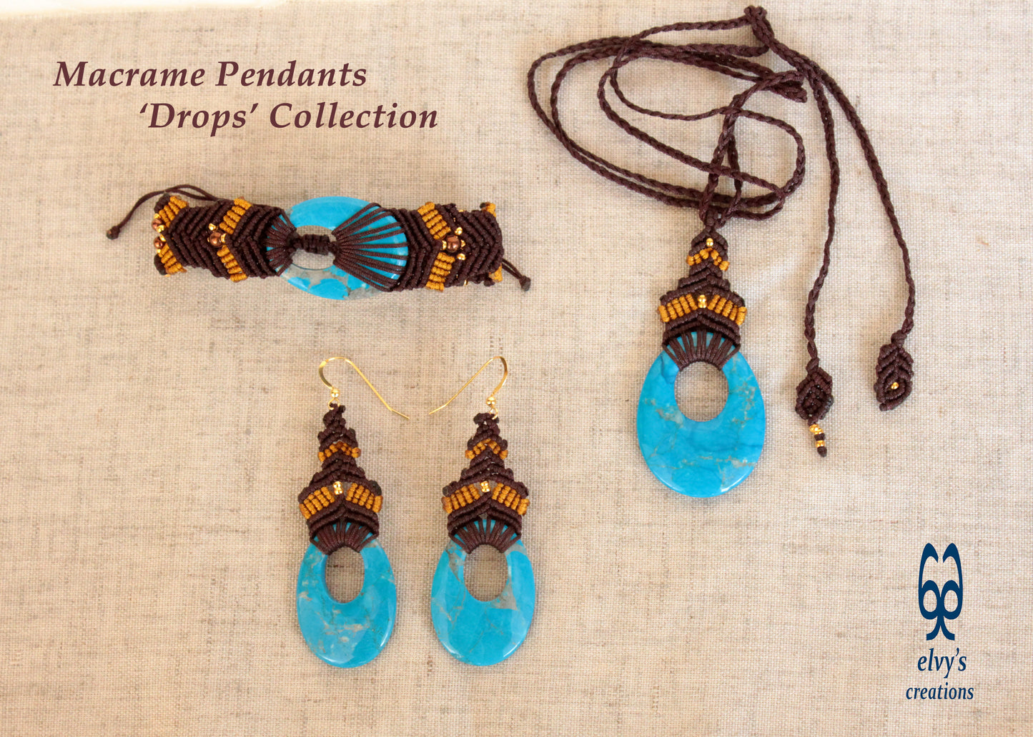 Brown and Gold Macrame Necklace with Turquoise Howlite Gemstone