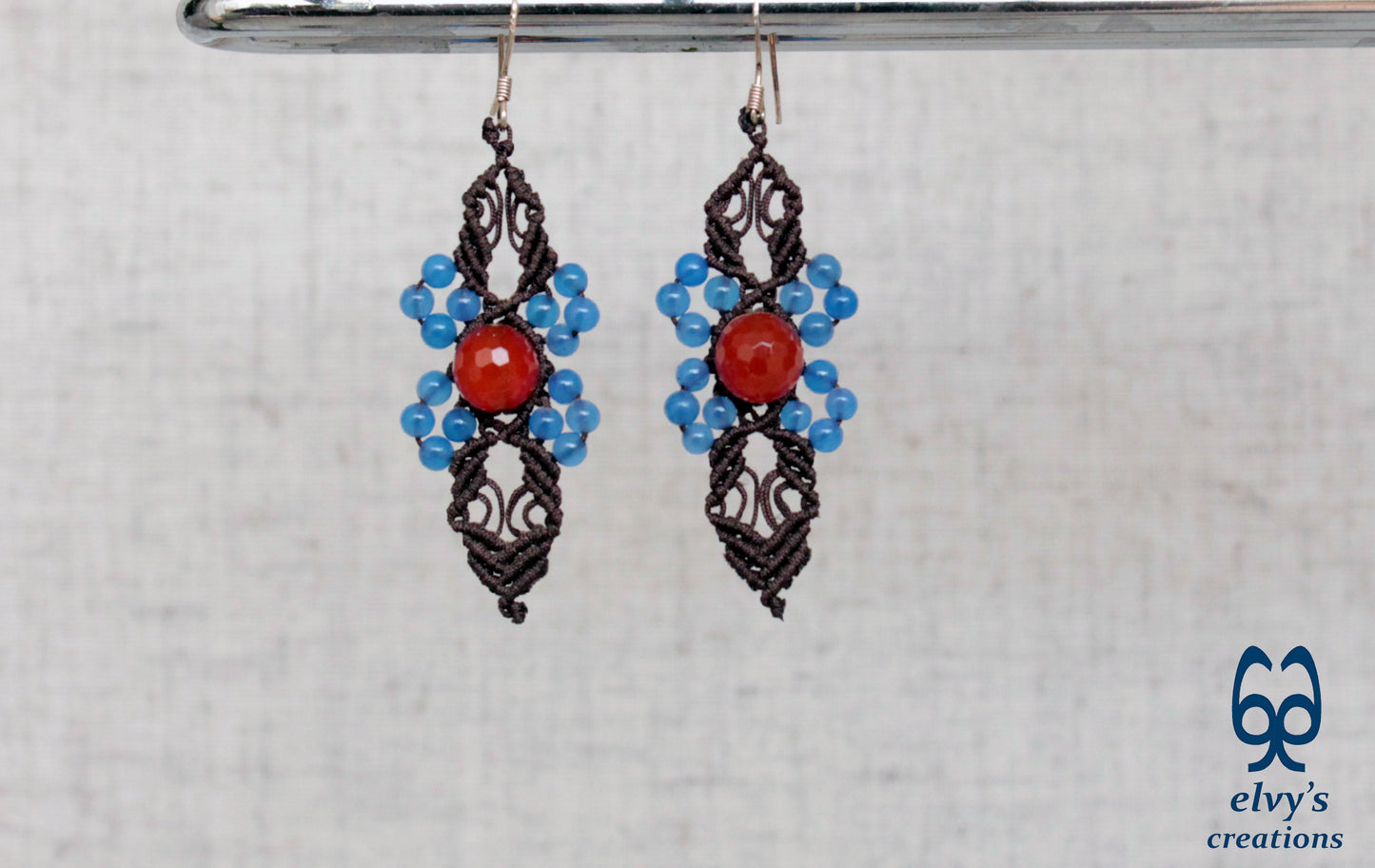 Brown Macrame Blue Jade and Orange Carnelian Micromacrame Beaded Earrings