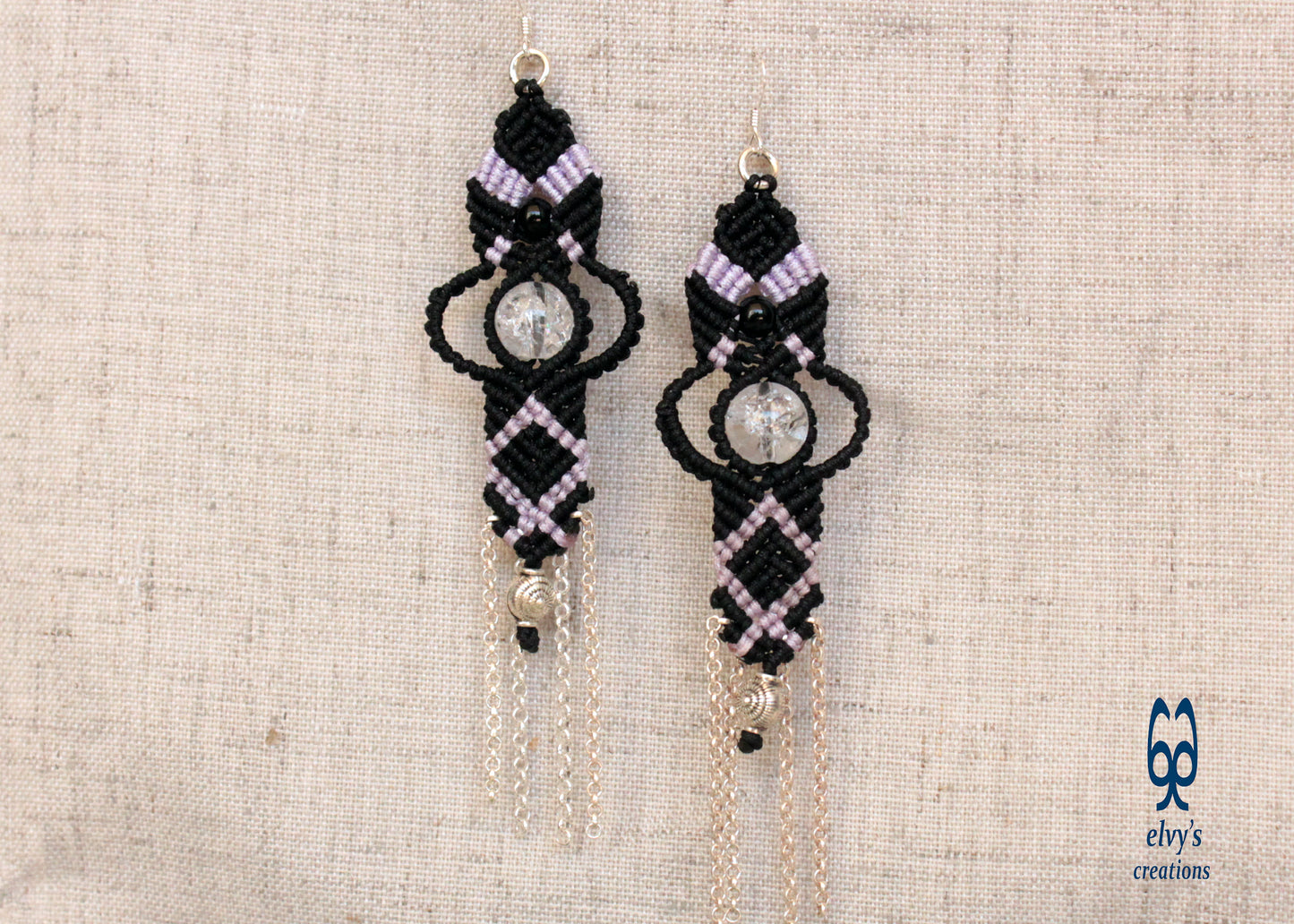 Black and Violet Purple Macrame Earrings with Onyx and Quartz Crystal Sterling Silver Chains Gift For Her