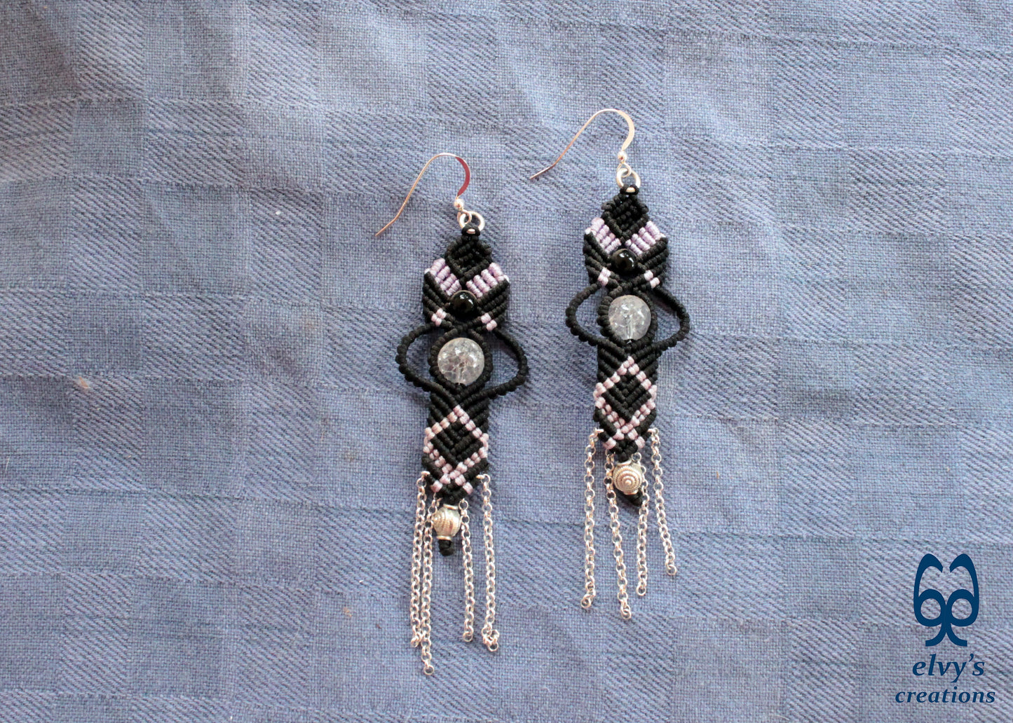 Handmade Silver Macrame Earrings, Crystal Handmade Jewelry, Birthday Gift for Women