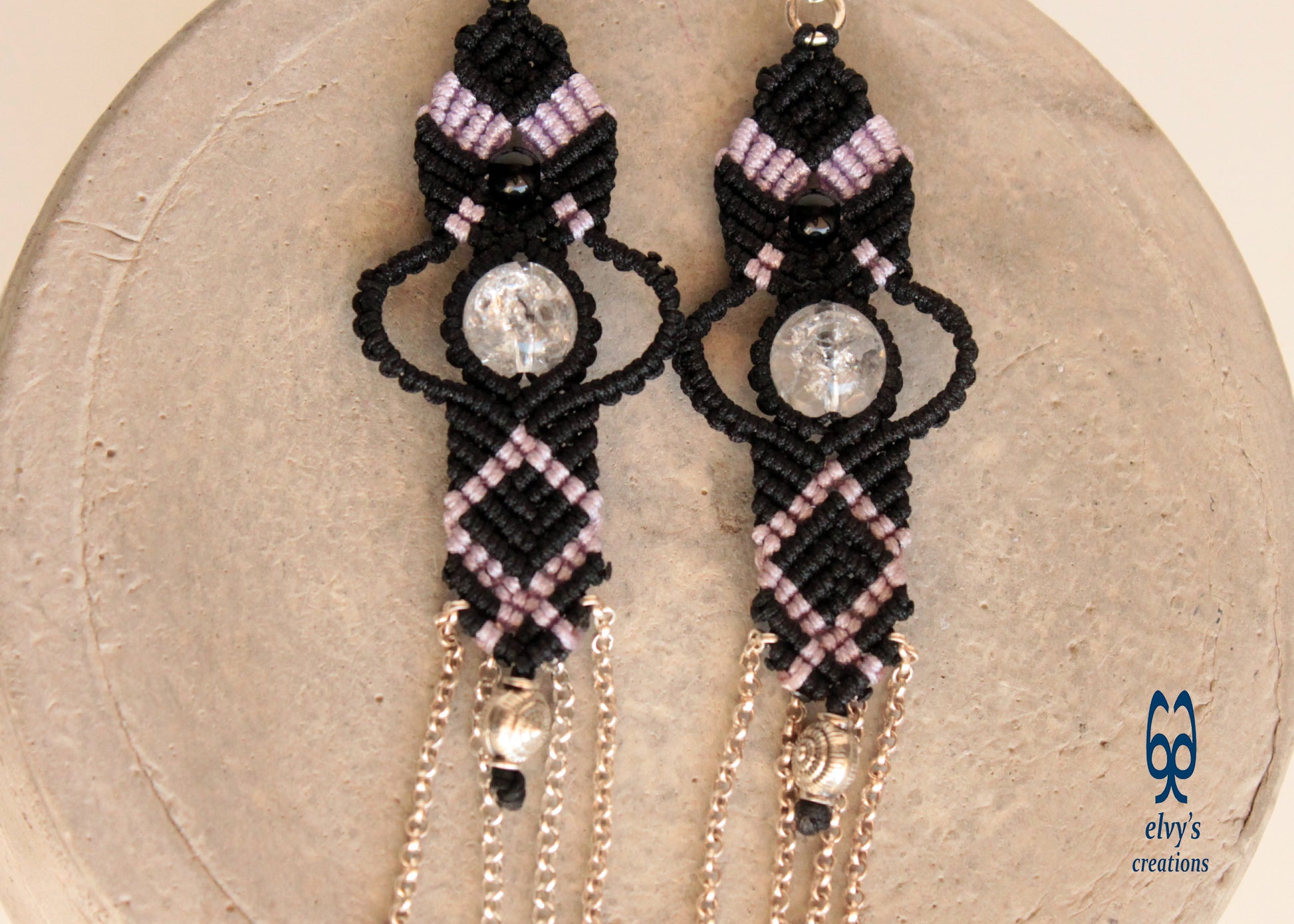 Black and Violet Purple Macrame Earrings with Onyx and Quartz Crystal Sterling Silver Chains Gift For Her