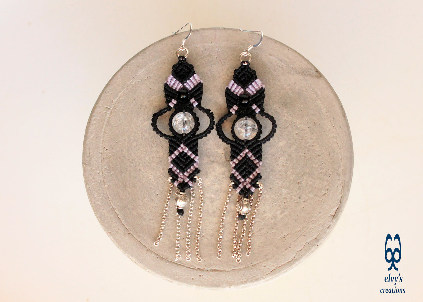 Black and Violet Purple Macrame Earrings with Onyx and Quartz Crystal Sterling Silver Chains Gift For Her