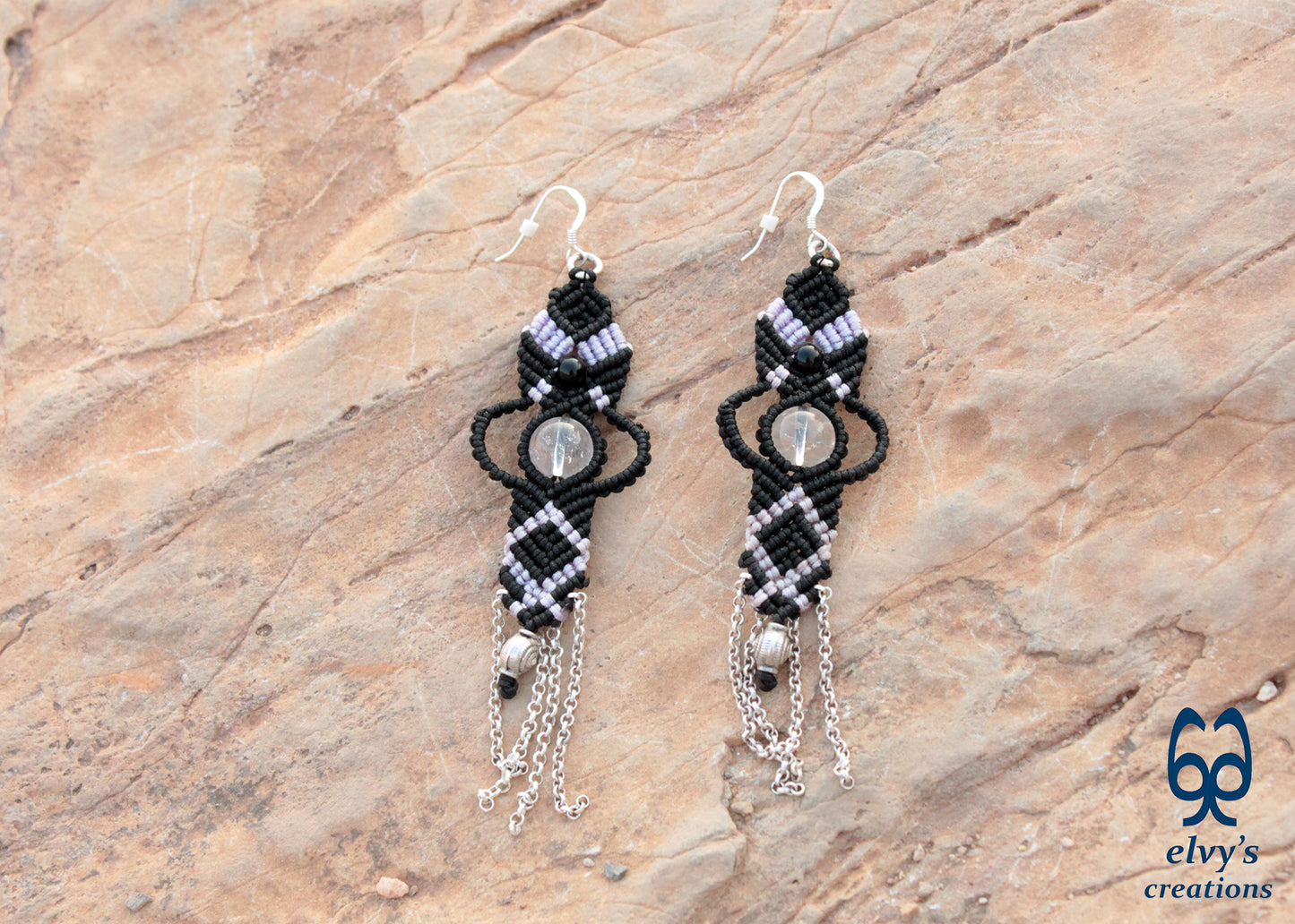 Black and Violet Macrame Earrings with Onyx and Crystal Quartz