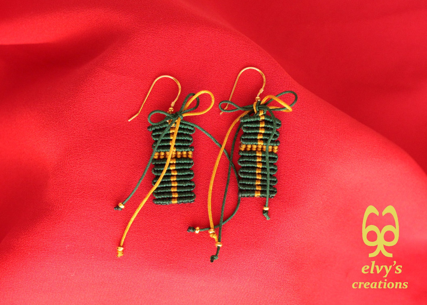 Christmas Present Macrame Earrings Holiday Season New Year Gift for her Green Christmas Present with Golden Brass Beads Sterling Silver 925