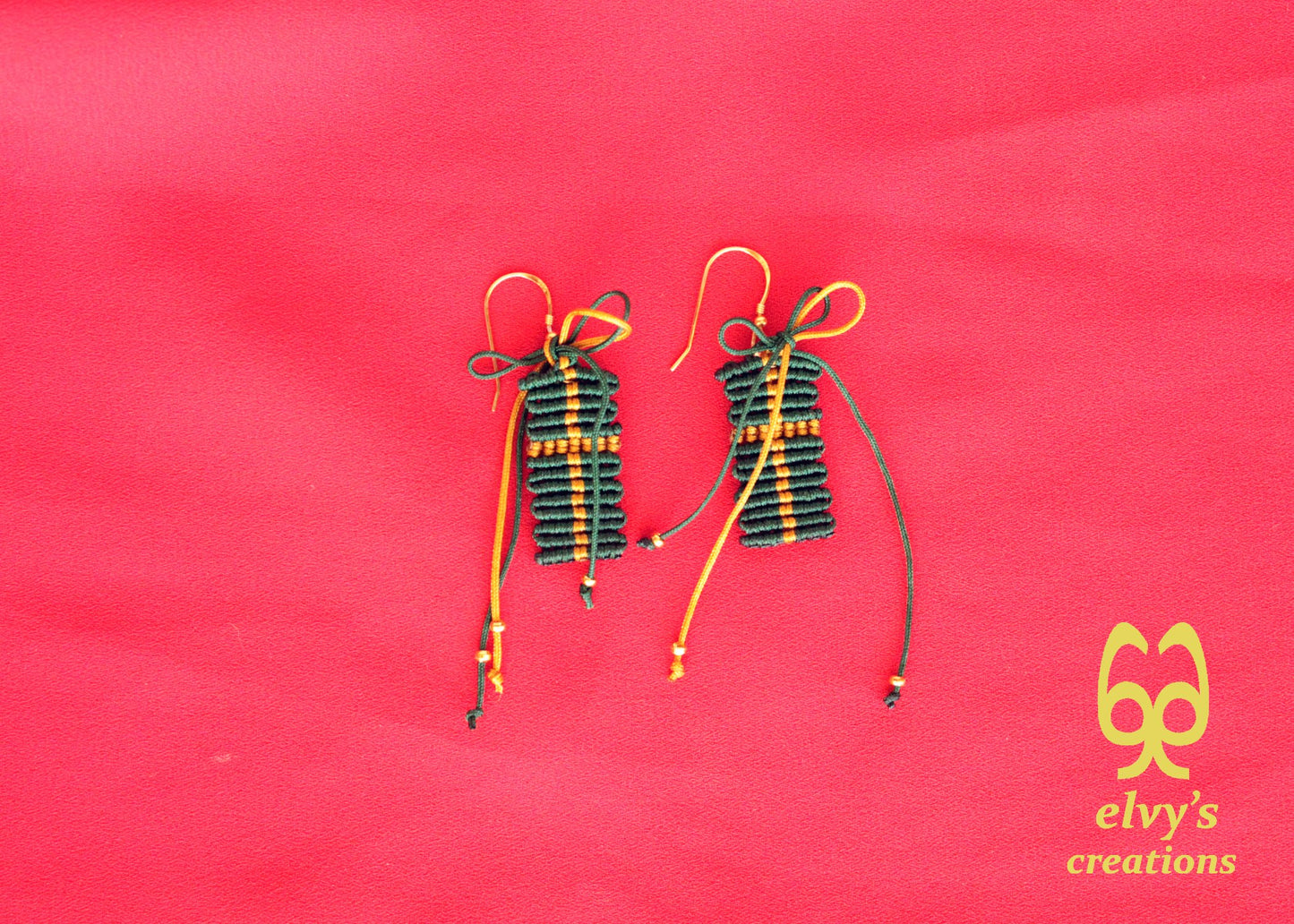 Christmas Present Macrame Earrings Holiday Season New Year Gift for her Green Christmas Present with Golden Brass Beads Sterling Silver 925