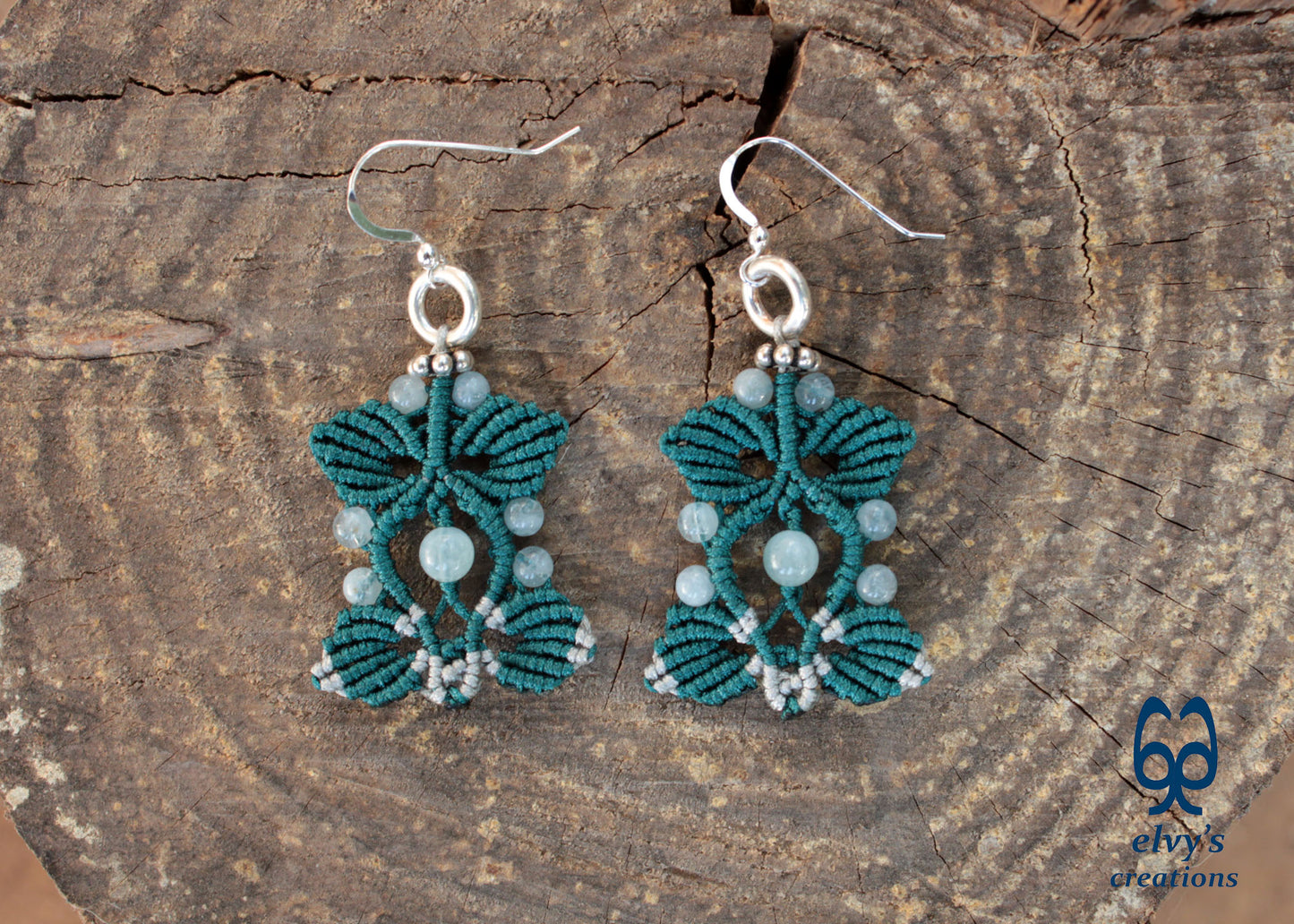 Emerald Green and Silver Macrame Silver Dangle with Aquamarine Healing Gemstones 