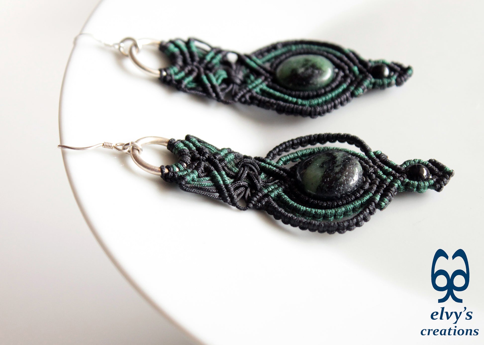 Black and Green Macrame Earrings with Onyx and Labradorite Gemstones