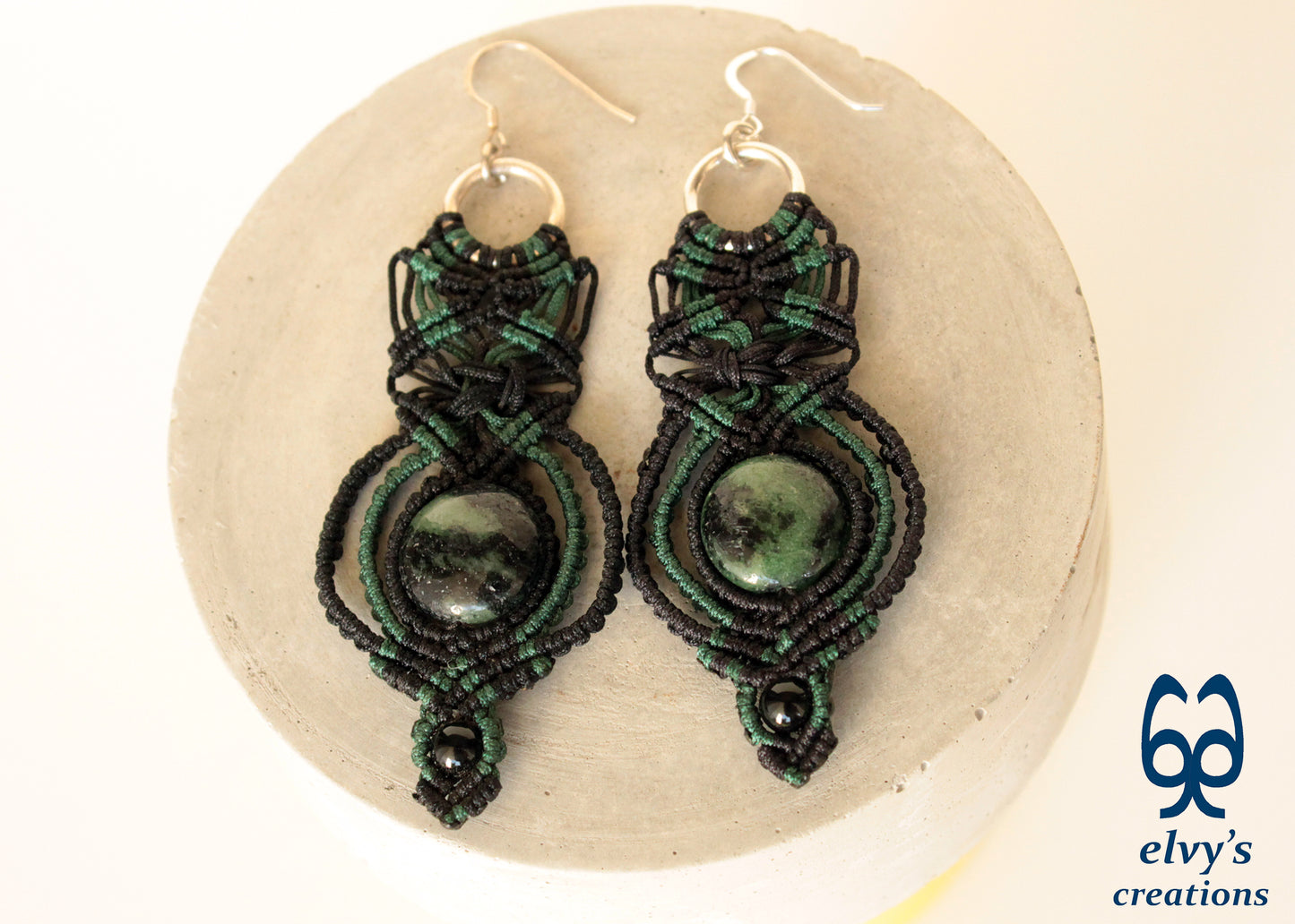Black and Green Macrame Earrings with Onyx and Labradorite Gemstones