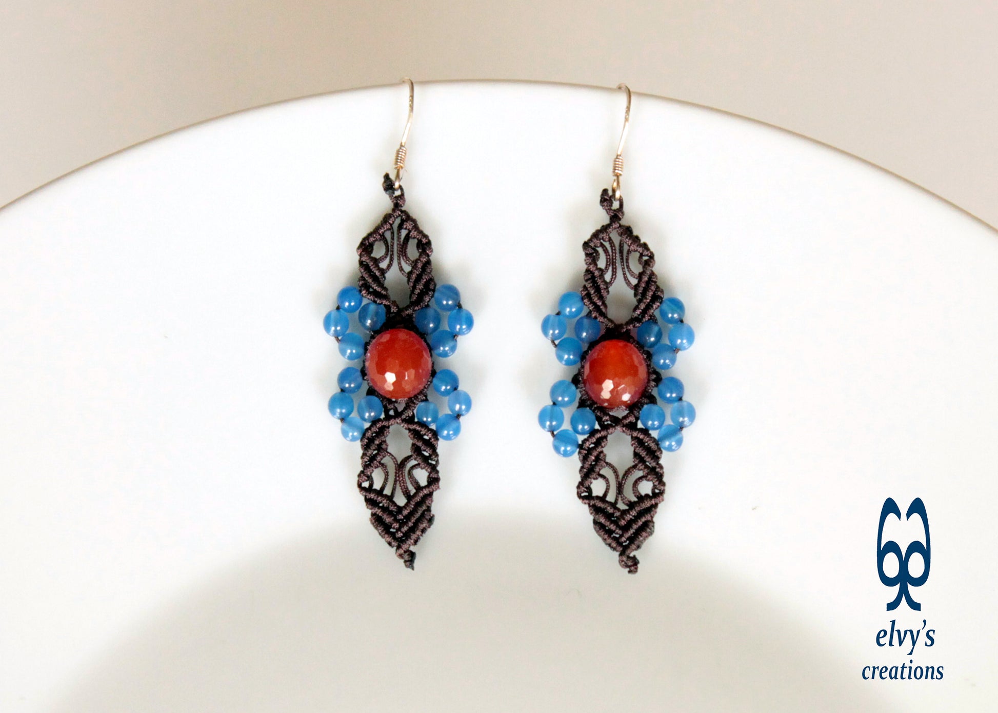 Brown Macrame Blue Jade and Orange Carnelian Micromacrame Beaded Earrings