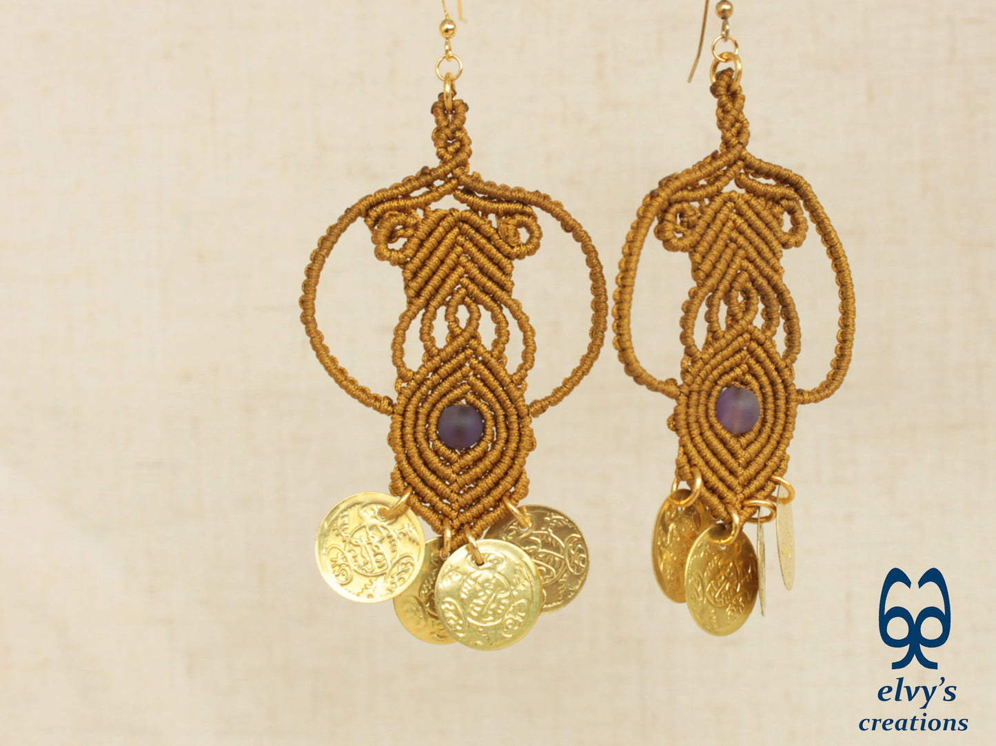 Gold Handmade Purple Macrame Earrings Long Dangle with Amethyst Gemstones, Χρυσά Μακραμέ Σκουλαρίκια με Φλουριά