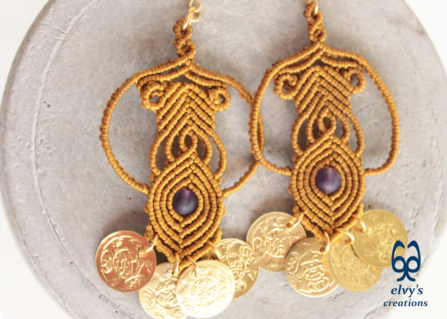 Gold Handmade Purple Macrame Earrings Long Dangle with Amethyst Gemstones, Χρυσά Μακραμέ Σκουλαρίκια με Φλουριά