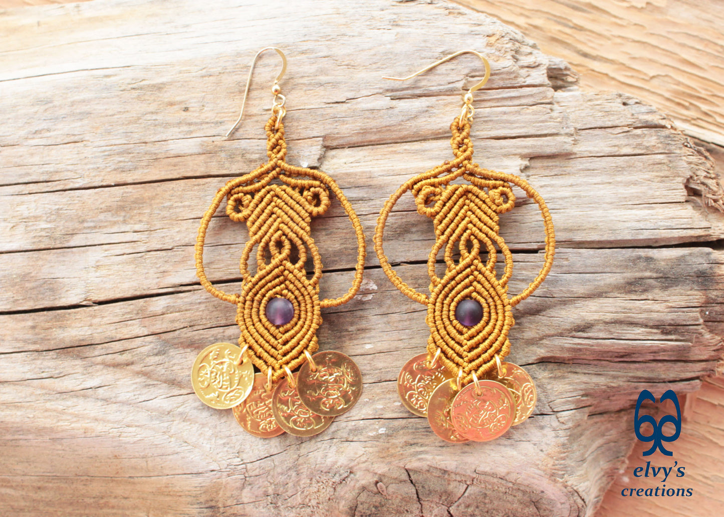 Gold Handmade Purple Macrame Earrings Long Dangle with Amethyst Gemstones, Χρυσά Μακραμέ Σκουλαρίκια με Φλουριά