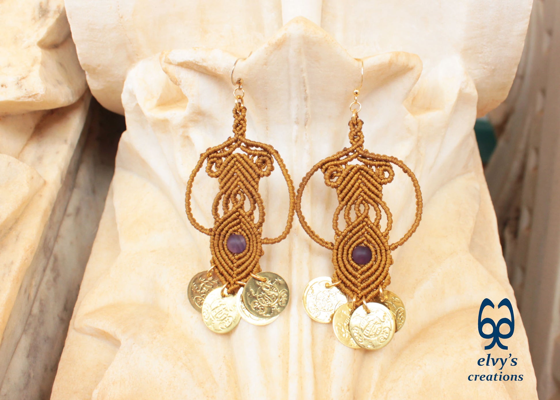 Gold Handmade Purple Macrame Earrings Long Dangle with Amethyst Gemstones, Χρυσά Μακραμέ Σκουλαρίκια με Φλουριά