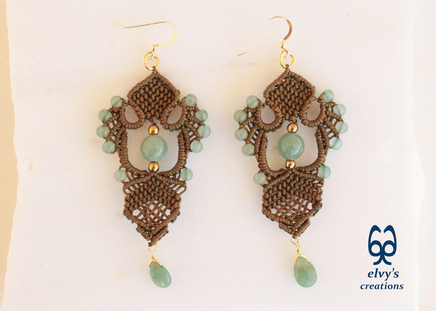 Gold Macrame Earrings with Green Aventurine Gemstones Gold Dangle Lace Earrings Gift for Women