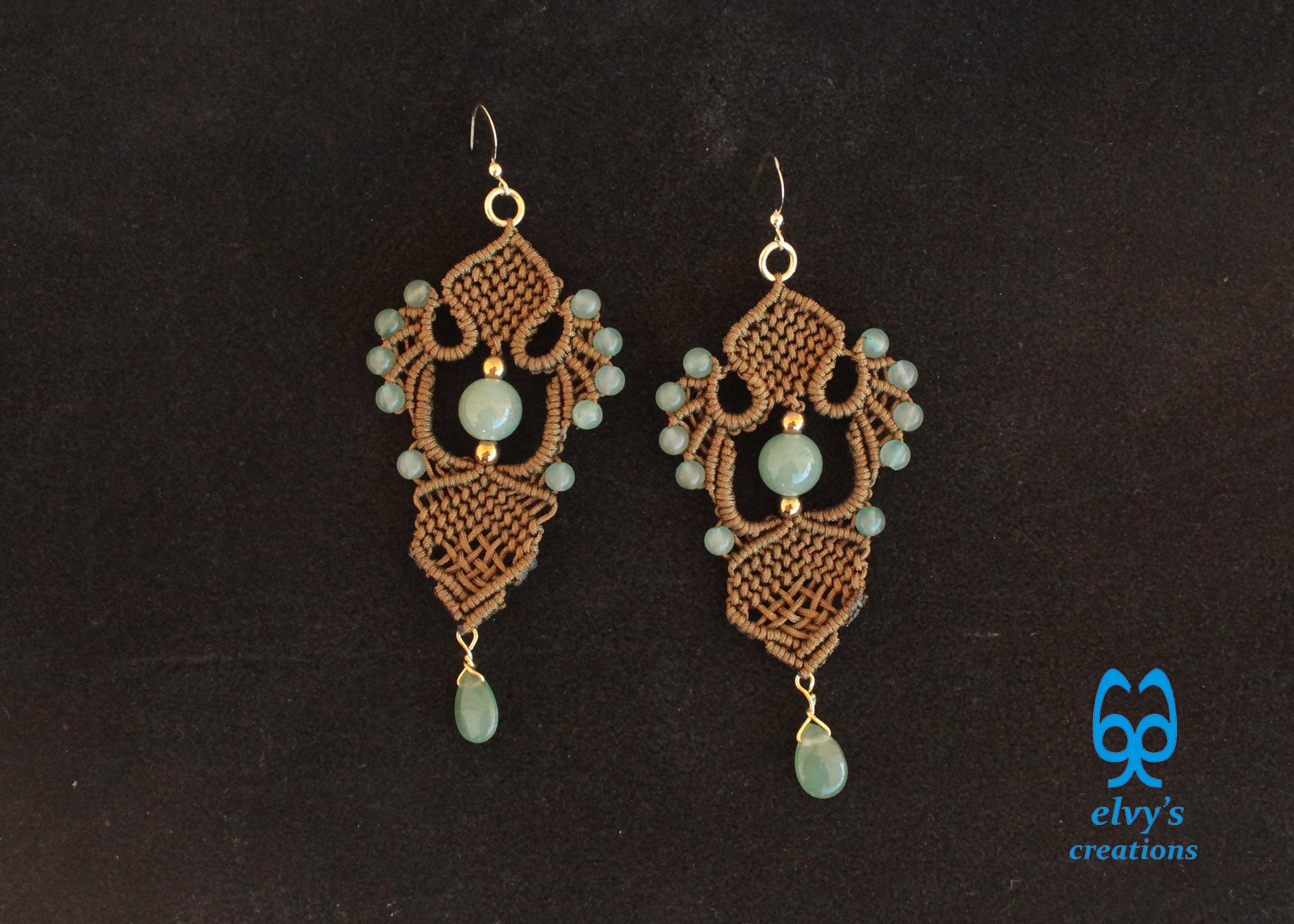 Gold Macrame Earrings with Green Aventurine Gemstones Gold Dangle Lace Earrings Gift for Women