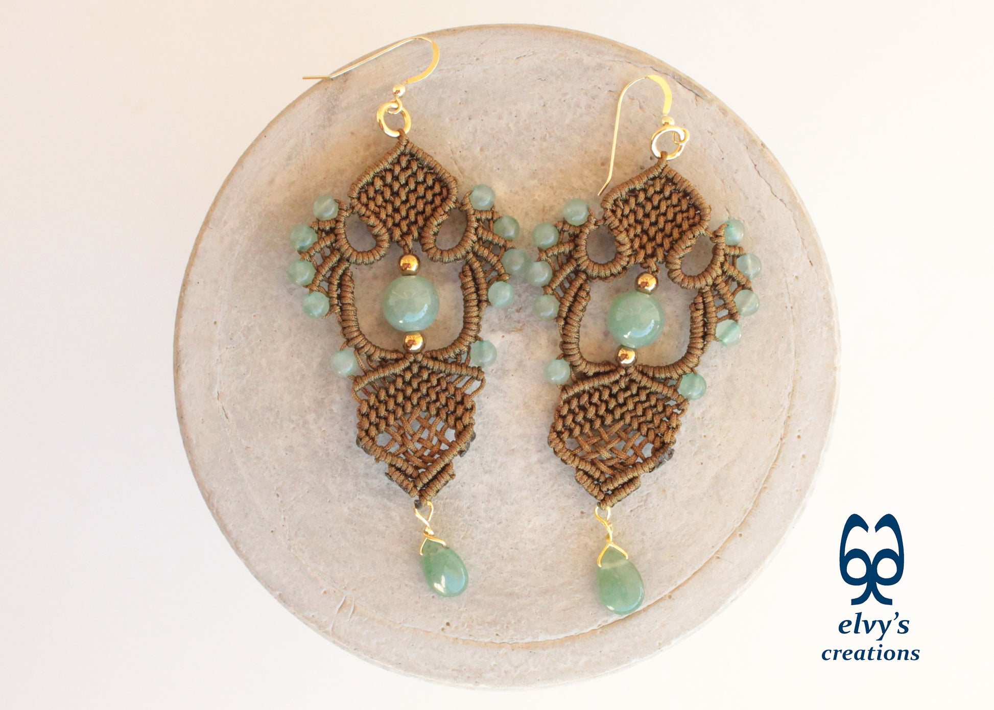 Gold Macrame Earrings with Green Aventurine Gemstones Gold Dangle Lace Earrings Gift for Women