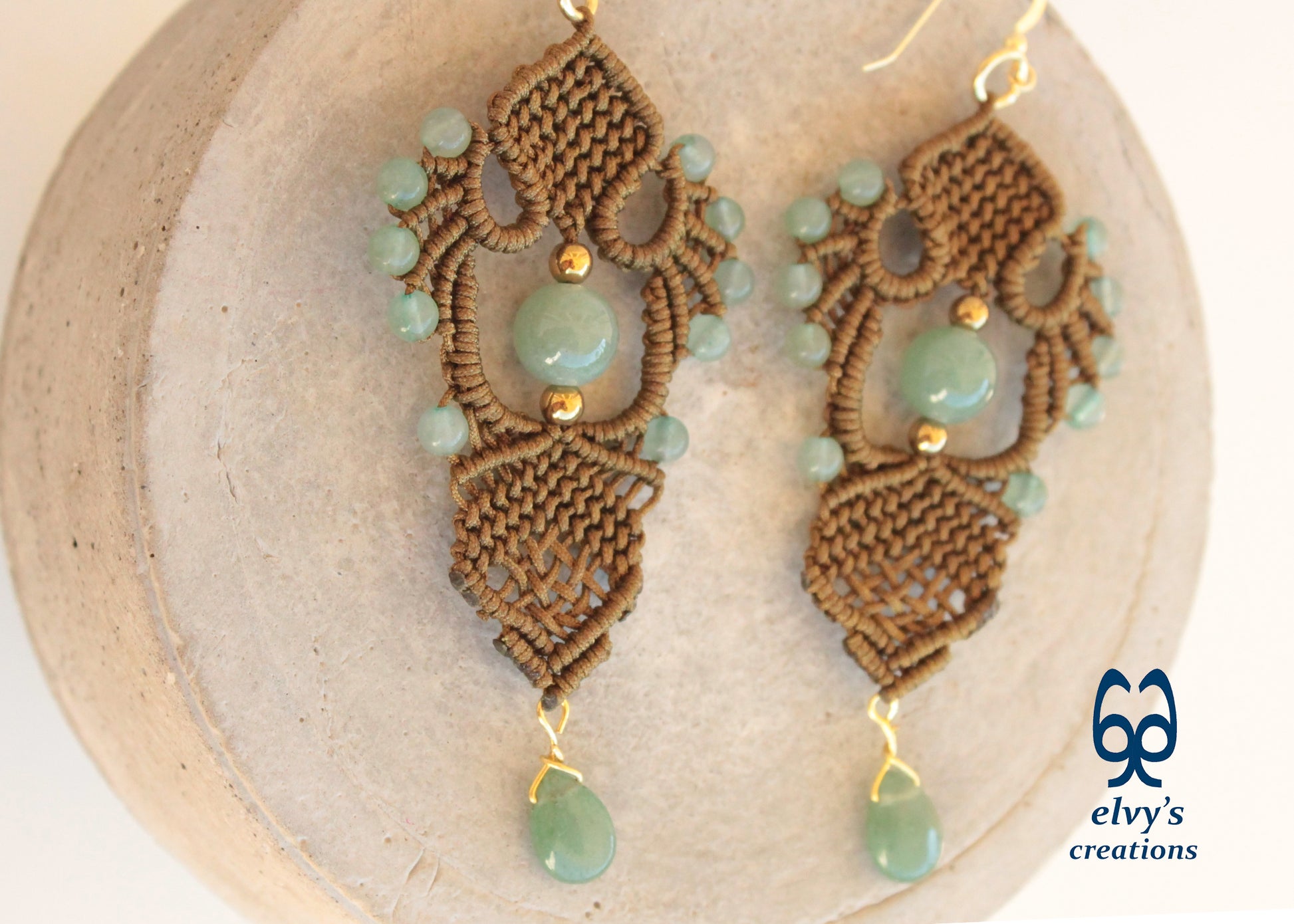 Gold Macrame Earrings with Green Aventurine Gemstones Gold Dangle Lace Earrings Gift for Women