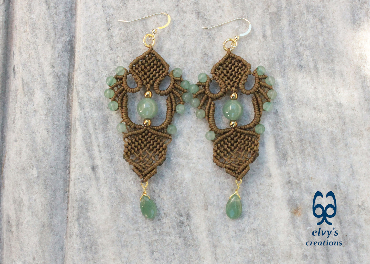 Gold Macrame Earrings with Green Aventurine Gemstones Gold Dangle Lace Earrings Gift for Women