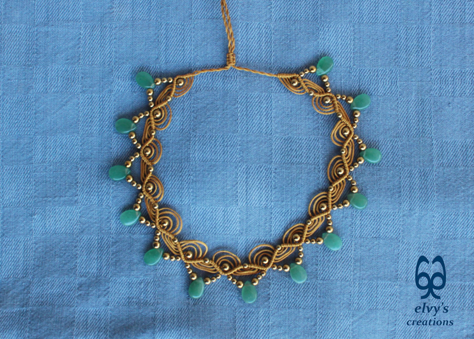Gold Macramé Choker Necklace with Aventurine and Hematite Adjustable Macramé Choker