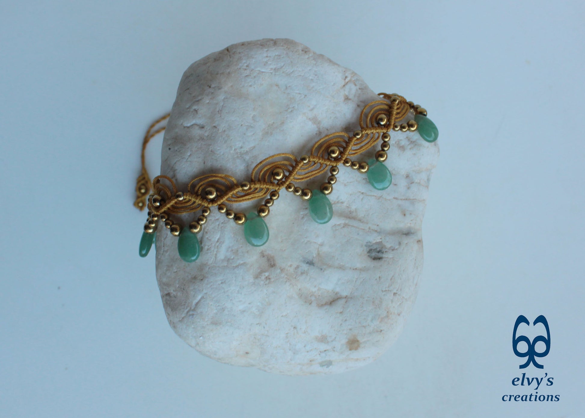 Gold Macramé Choker Necklace with Aventurine and Hematite Adjustable Macramé Choker