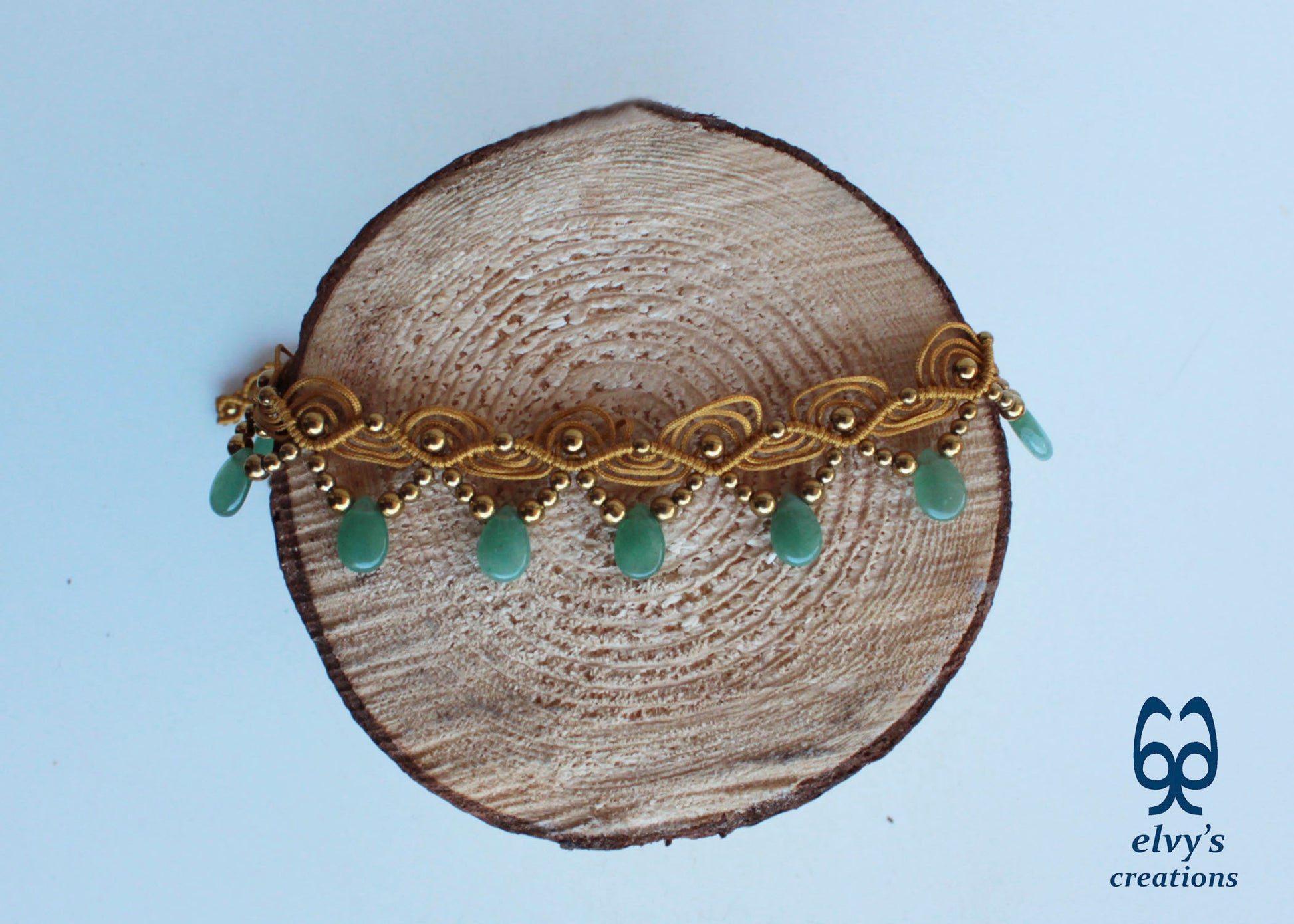 Gold Macramé Choker Necklace with Aventurine and Hematite Adjustable Macramé Choker