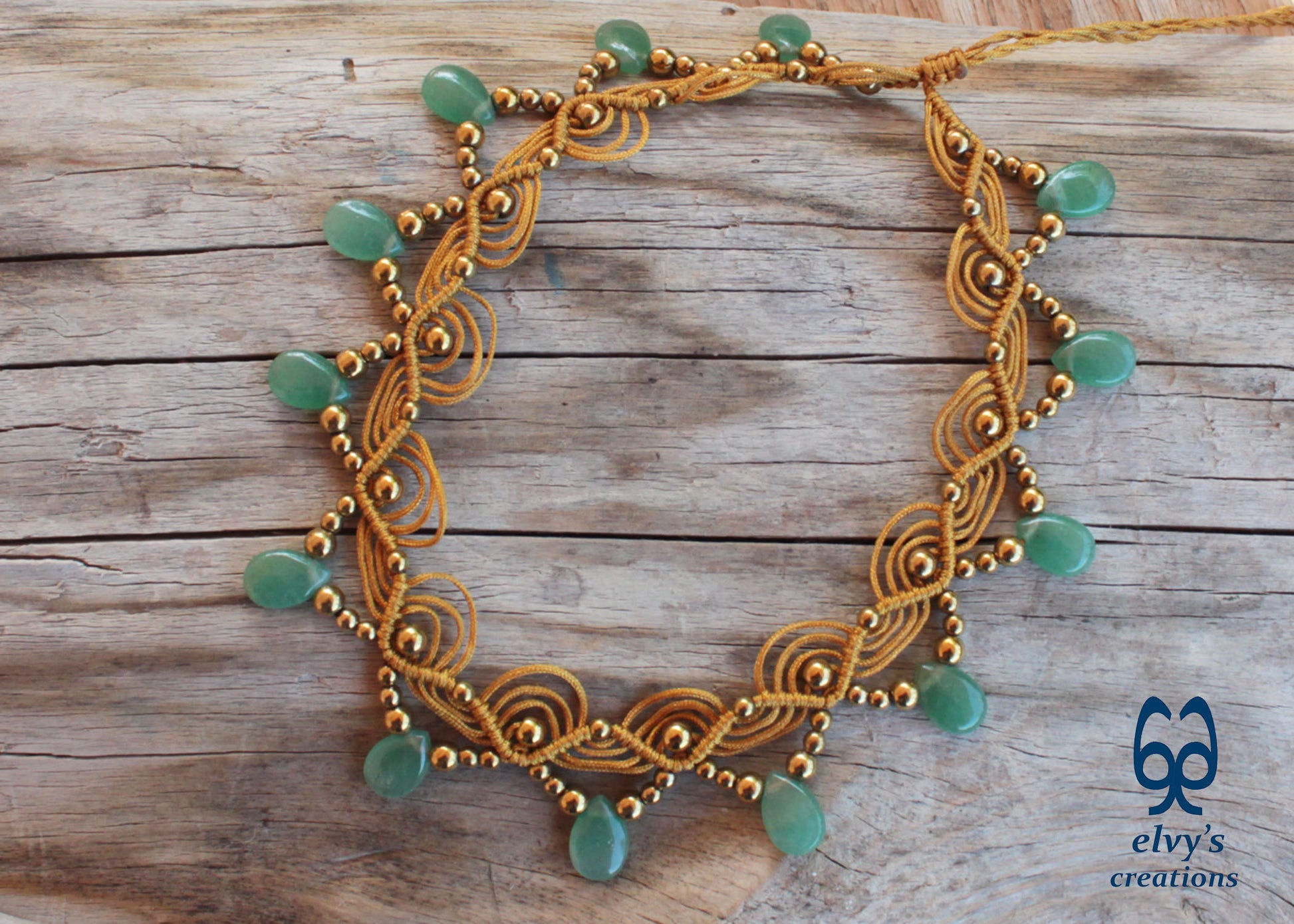 Gold Macramé Choker Necklace with Aventurine and Hematite Adjustable Macramé Choker