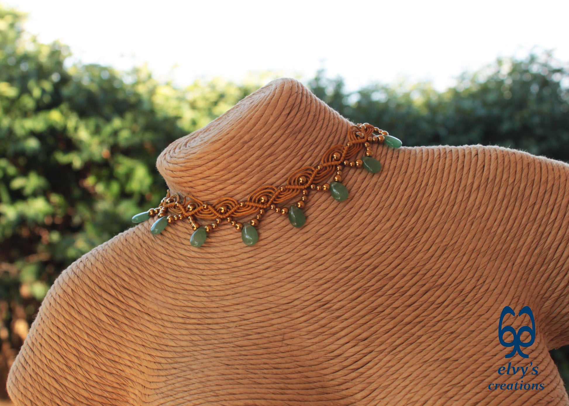 Gold Macramé Choker Necklace with Aventurine and Hematite Adjustable Macramé Choker