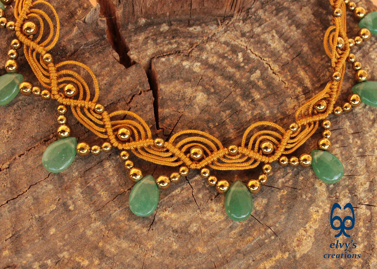 Gold Macramé Choker Necklace with Aventurine and Hematite Adjustable Macramé Choker