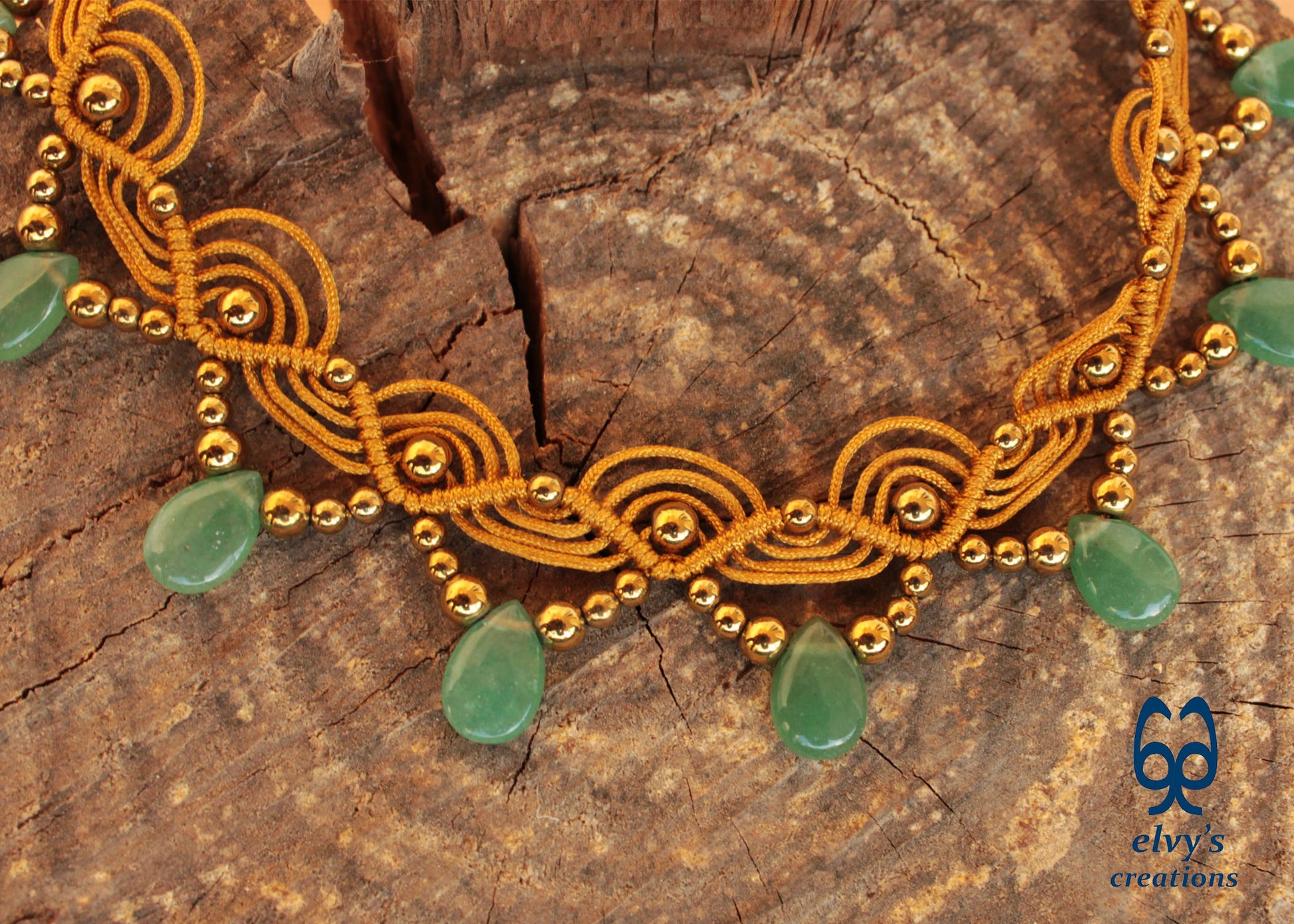 Gold Macramé Choker Necklace with Aventurine and Hematite Adjustable Macramé Choker