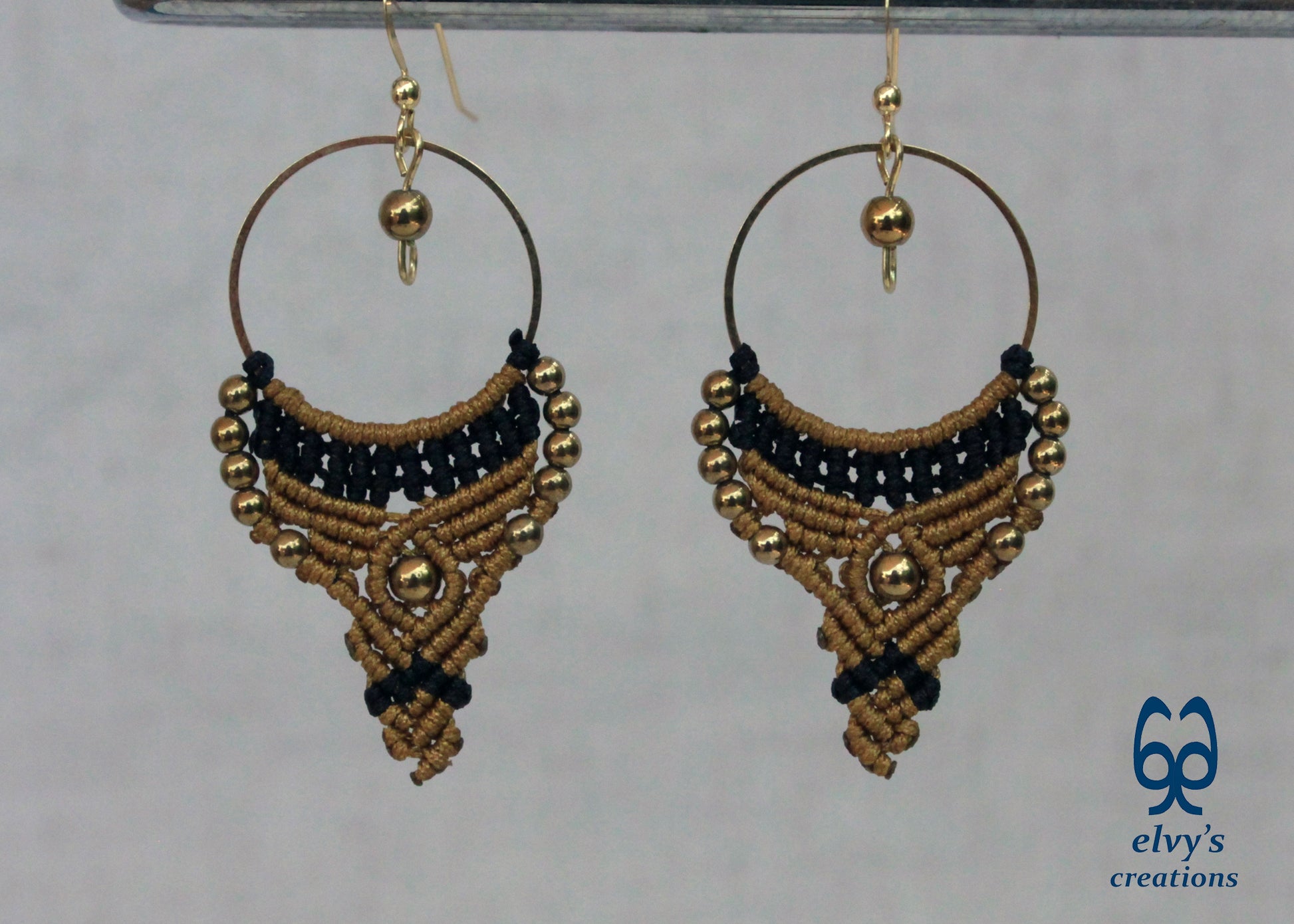 Gold and Black Macrame Earrings Gold Hematite Gemstones Hoop Earrings