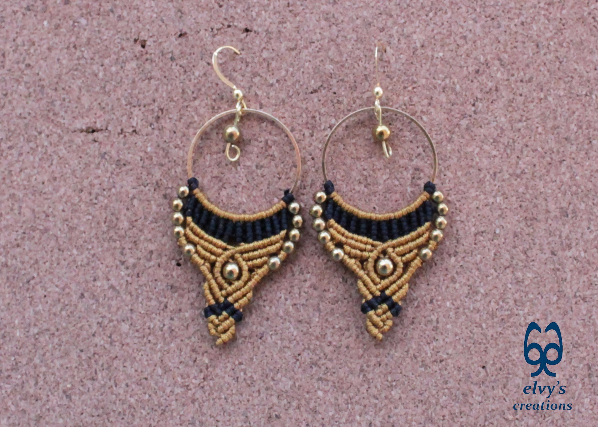 Gold and Black Macrame Earrings Gold Hematite Gemstones Hoop Earrings