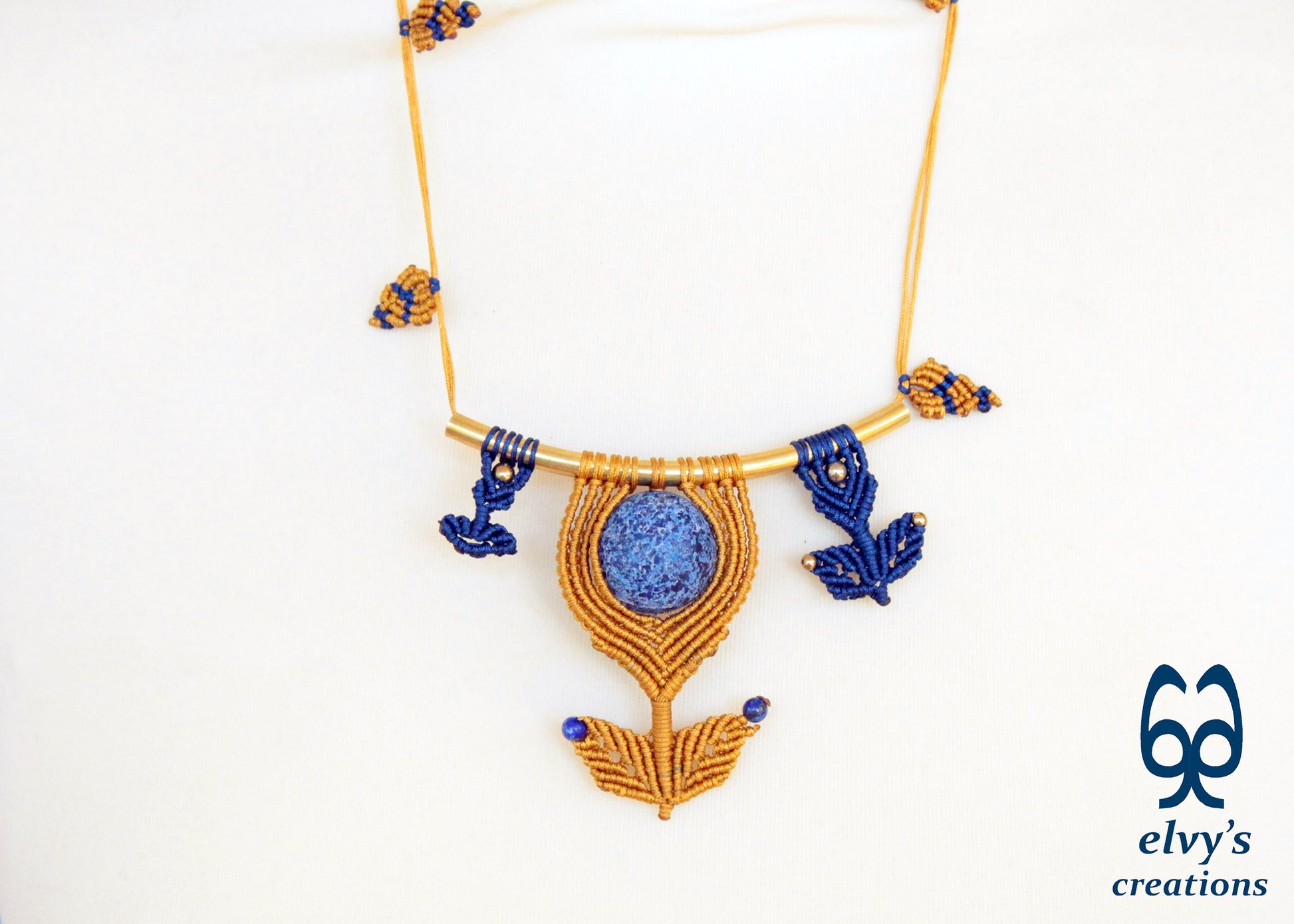 Handmade Macrame Necklace, Lapis Lazuli Beaded Macrame Choker, Unique Birthday Gift for Women