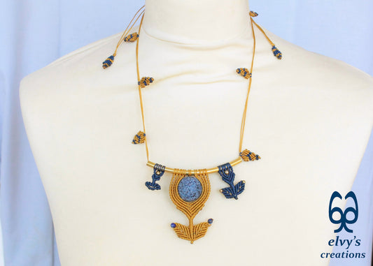 Handmade Macrame Necklace, Lapis Lazuli Beaded Macrame Choker, Unique Birthday Gift for Women