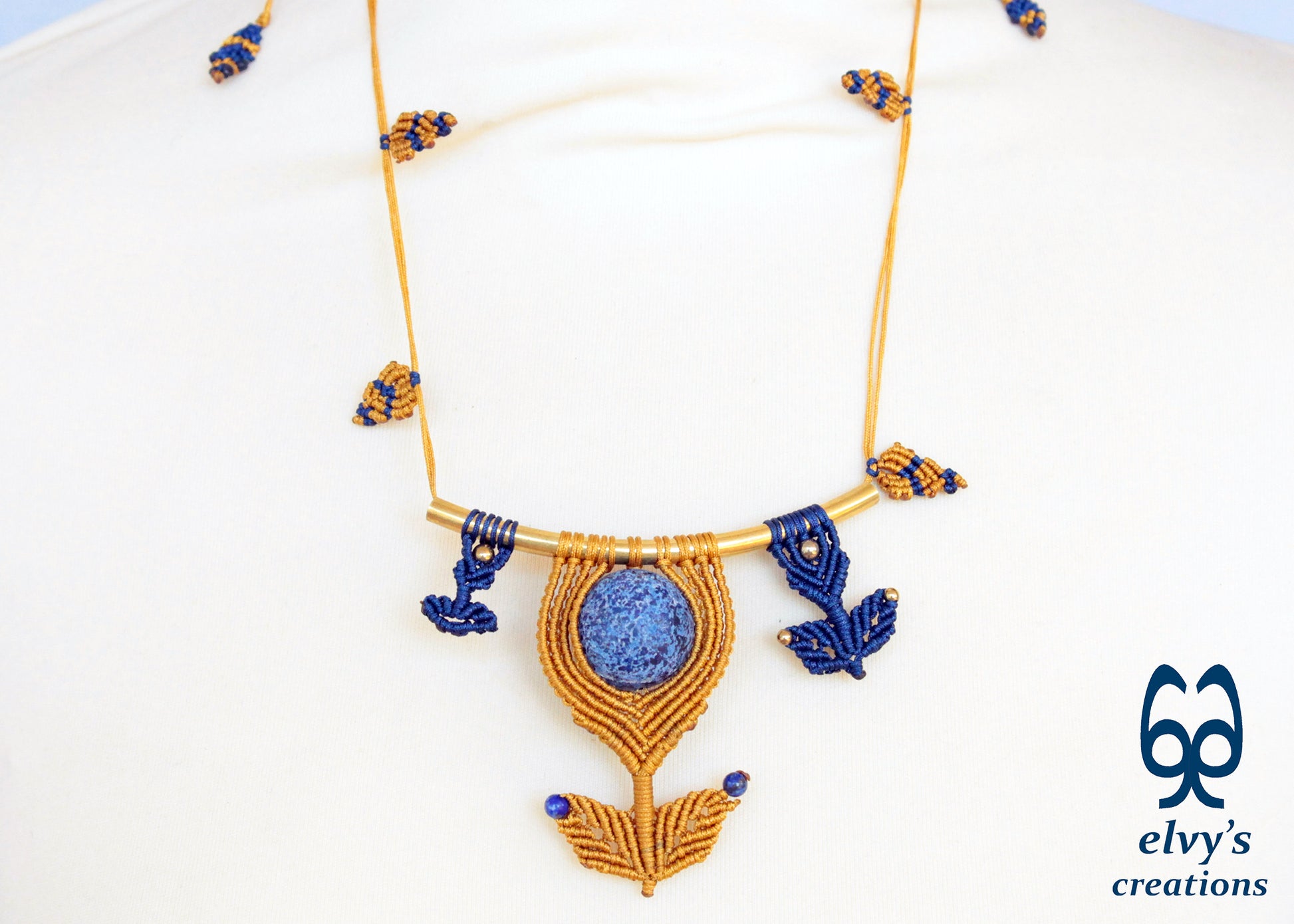 Handmade Macrame Necklace, Lapis Lazuli Beaded Macrame Choker, Unique Birthday Gift for Women