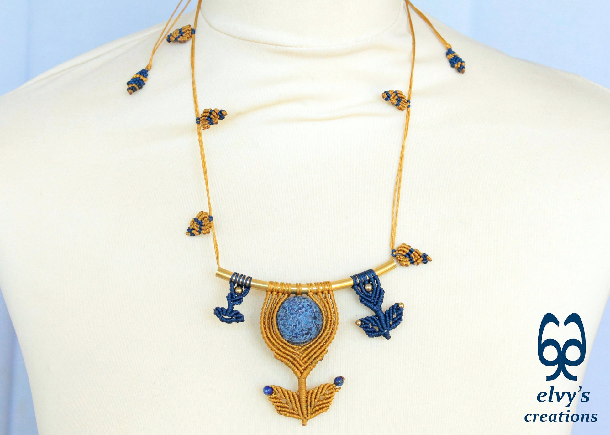 Handmade Macrame Necklace, Lapis Lazuli Beaded Macrame Choker, Unique Birthday Gift for Women