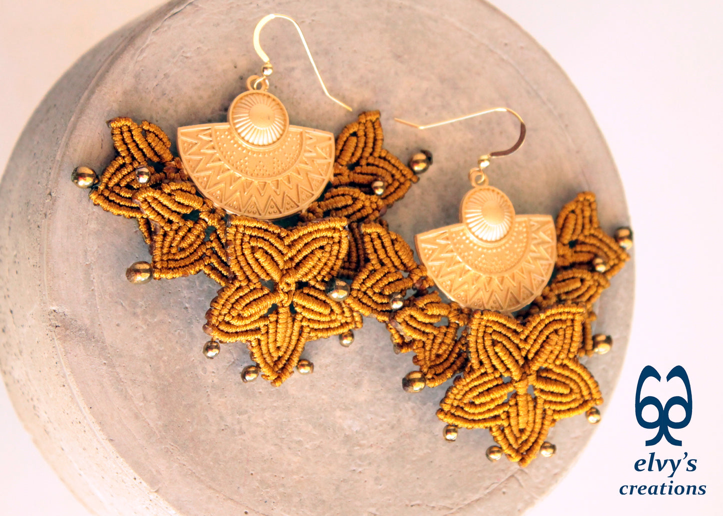 Handmade Gold Macrame Earrings, Dangle Hematite Gemstone Beads Earrings, Birthday Gift for Women