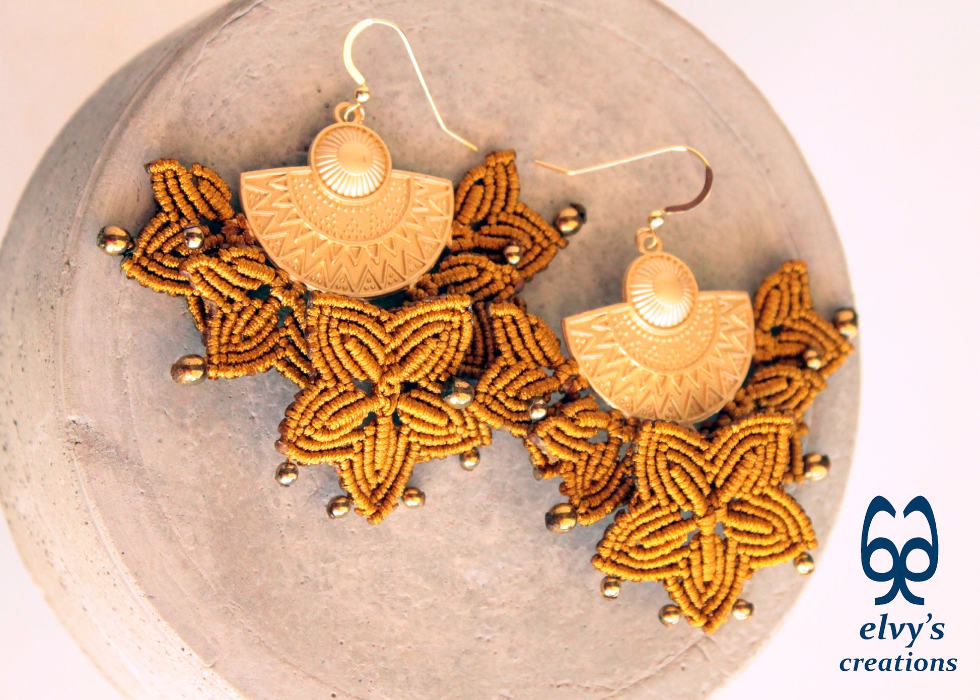 Handmade Gold Macrame Earrings, Dangle Hematite Gemstone Beads Earrings, Birthday Gift for Women