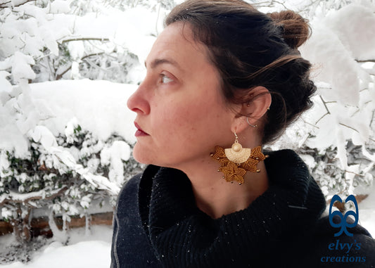 Handmade Gold Macrame Earrings, Dangle Hematite Gemstone Beads Earrings, Birthday Gift for Women