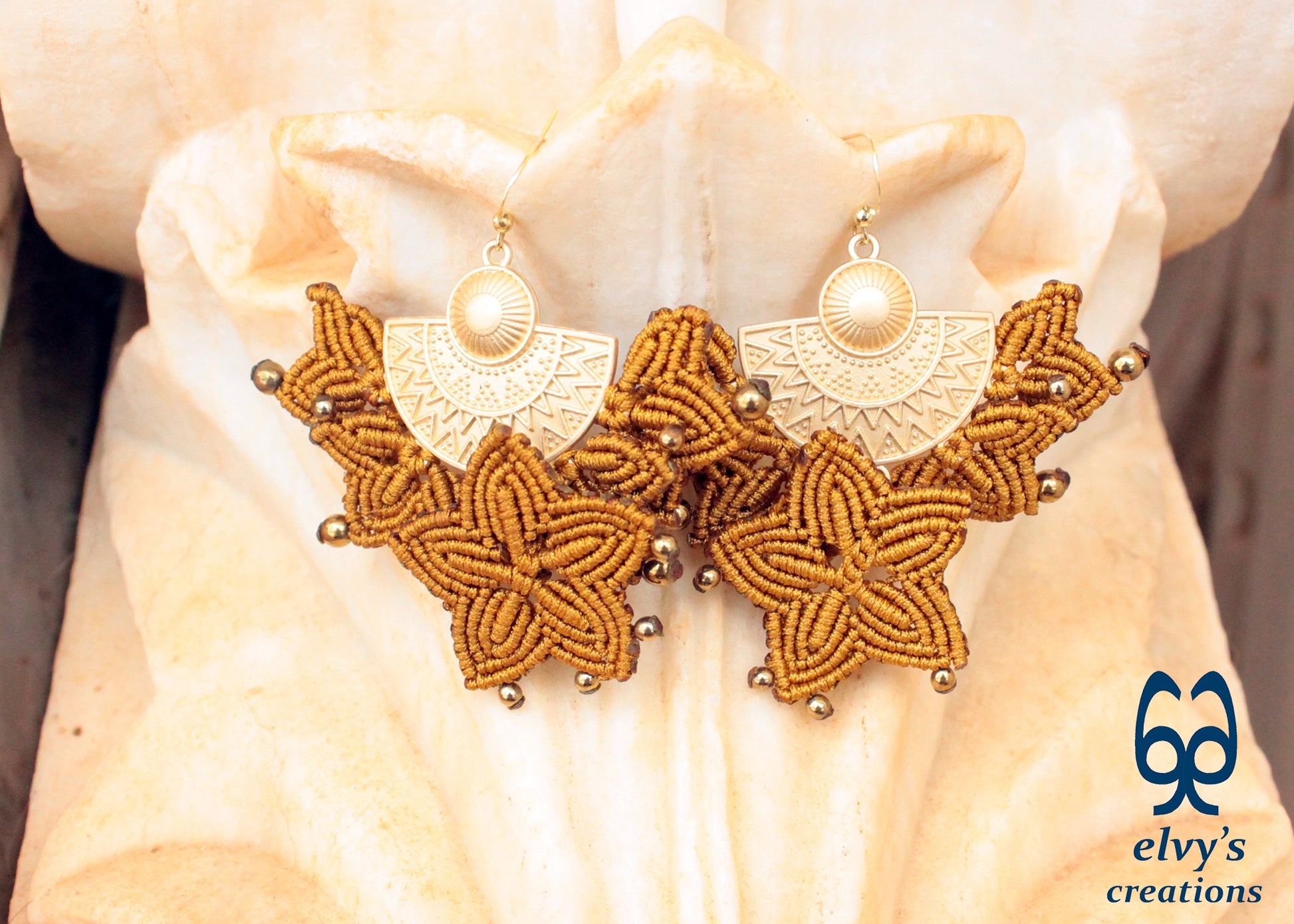 Handmade Gold Macrame Earrings, Dangle Hematite Gemstone Beads Earrings, Birthday Gift for Women