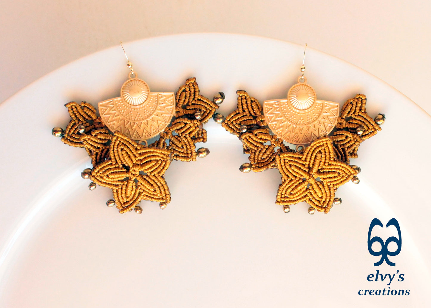 Handmade Gold Macrame Earrings, Dangle Hematite Gemstone Beads Earrings, Birthday Gift for Women
