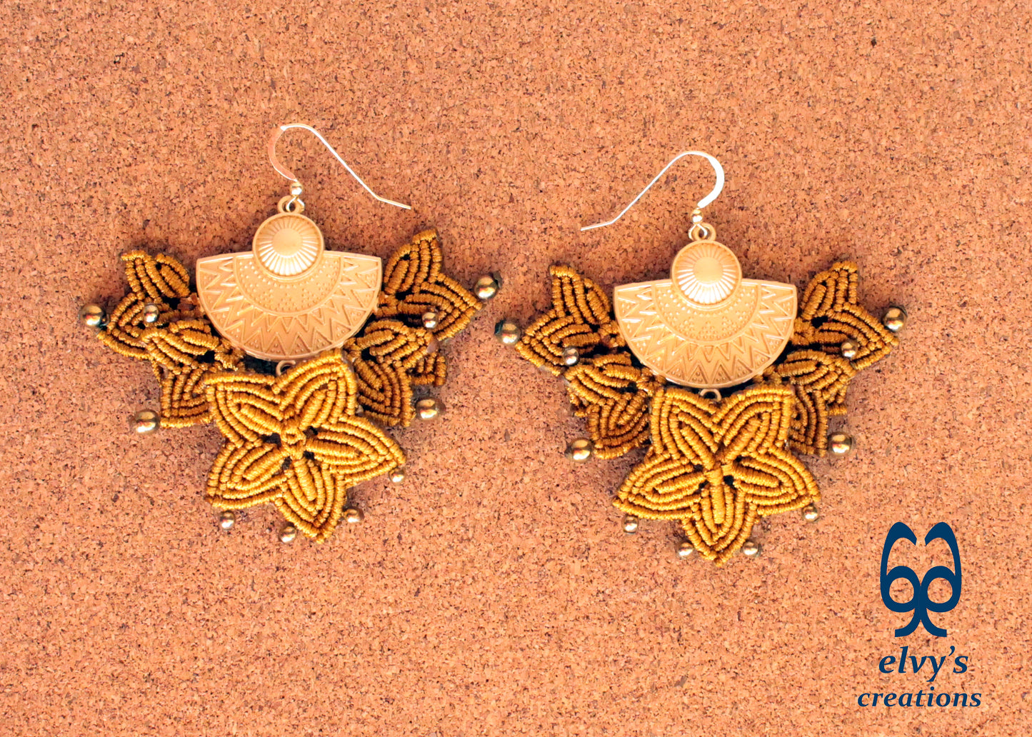 Handmade Gold Macrame Earrings, Dangle Hematite Gemstone Beads Earrings, Birthday Gift for Women