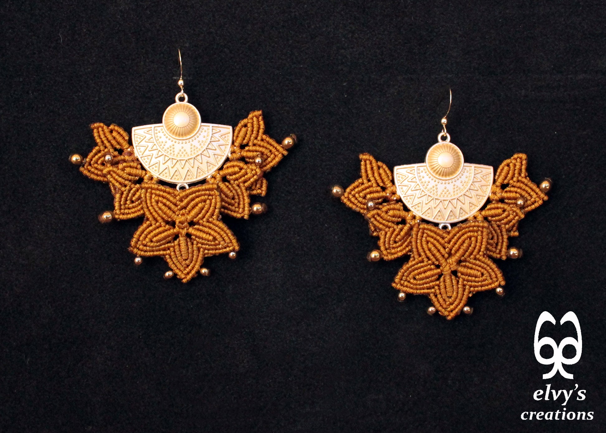 Handmade Gold Macrame Earrings, Dangle Hematite Gemstone Beads Earrings, Birthday Gift for Women