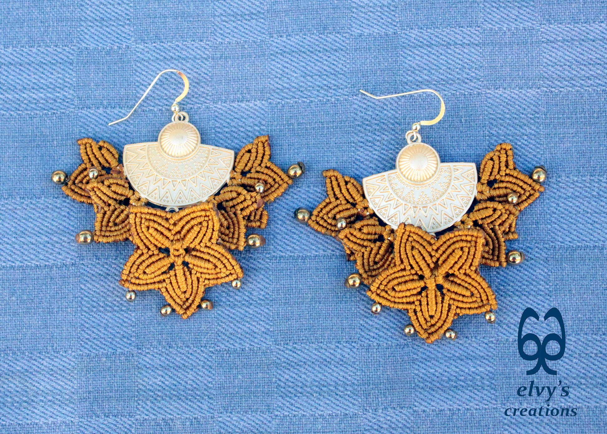 Handmade Gold Macrame Earrings, Dangle Hematite Gemstone Beads Earrings, Birthday Gift for Women