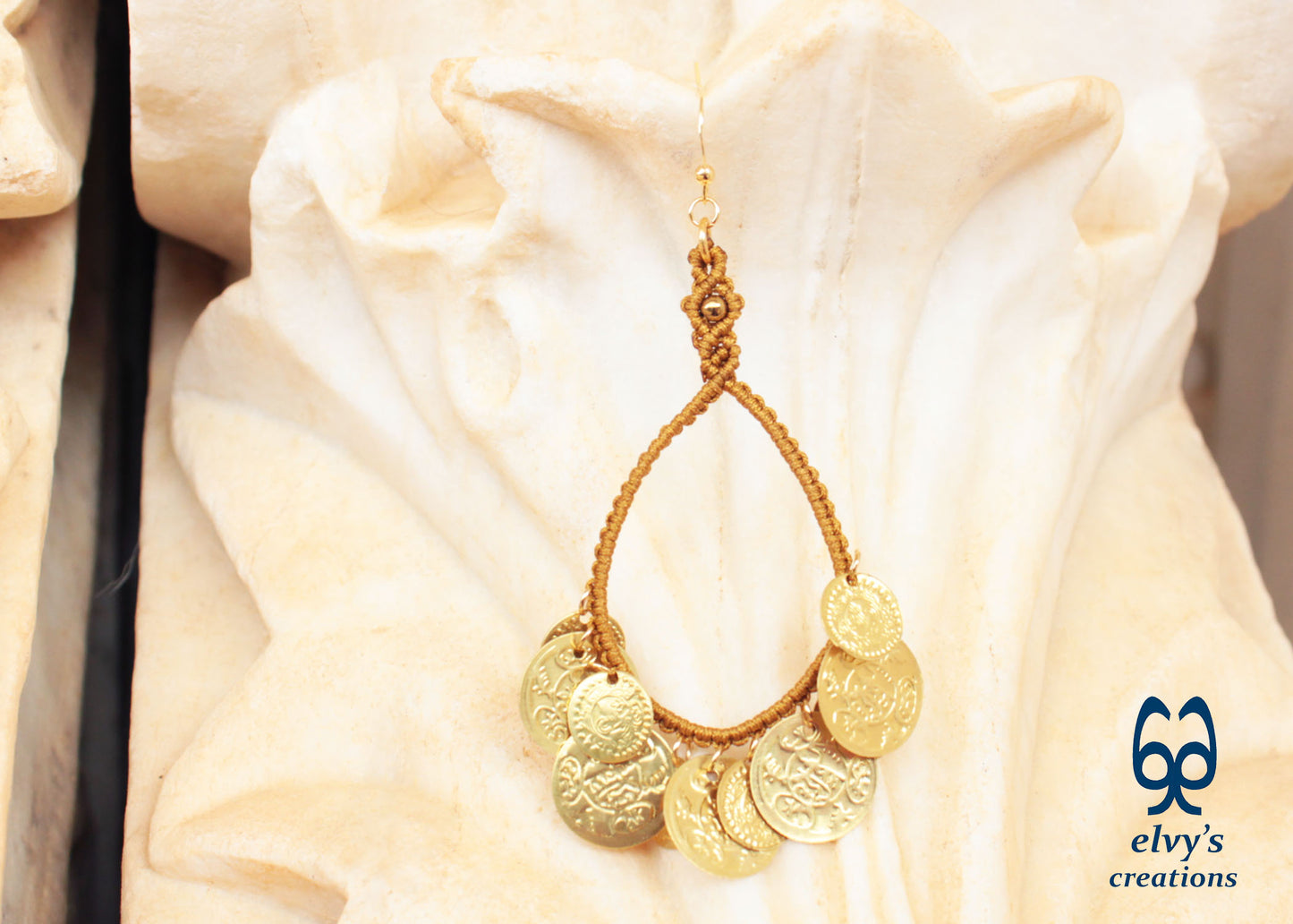 Gold Handmade Macrame Earrings Long Dangle with Amethyst Gemstones, Χρυσά Μακραμέ Σκουλαρίκια με Φλουριά