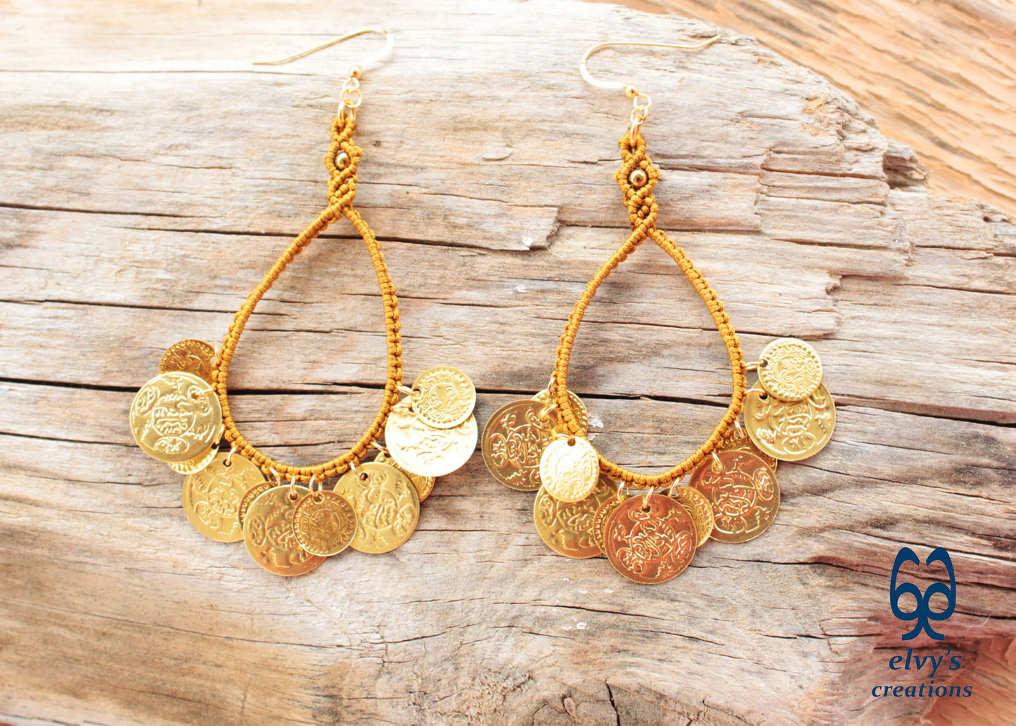 Gold Handmade Macrame Earrings Long Dangle with Amethyst Gemstones, Χρυσά Μακραμέ Σκουλαρίκια με Φλουριά