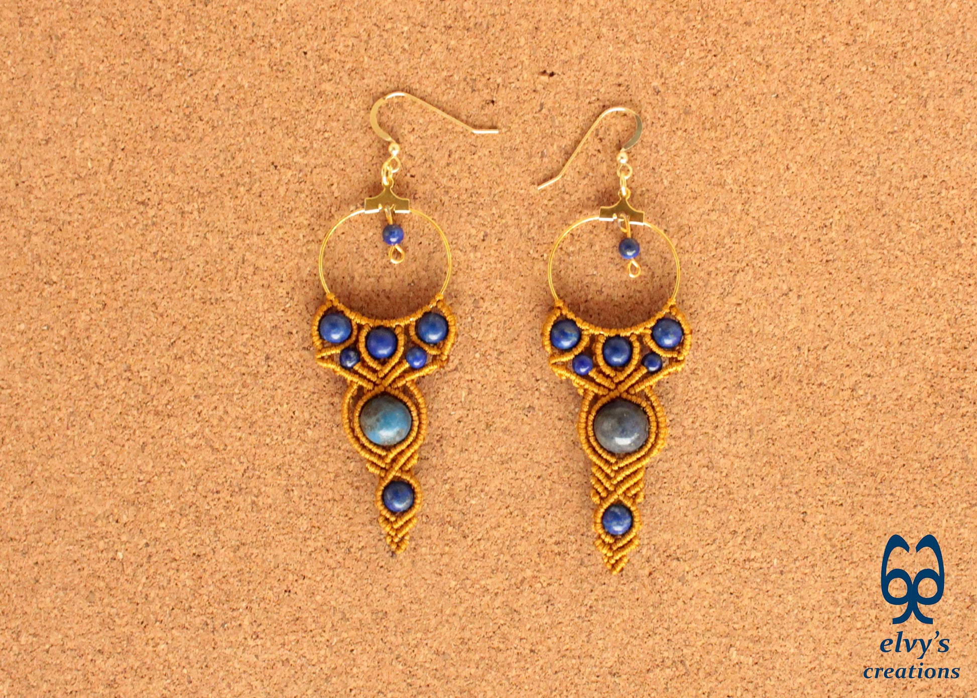 Gold Macrame Earrings with Lapis Lazuli Gemstones Handmade Healing Jewelry