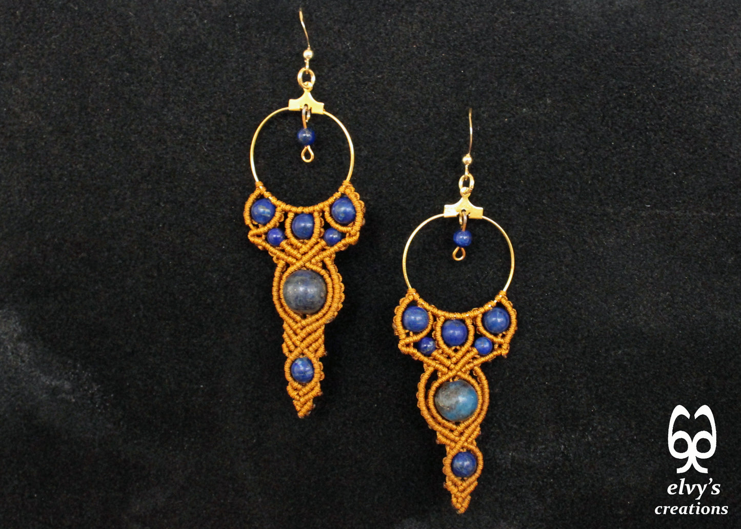 Gold Macrame Earrings with Lapis Lazuli Gemstones Handmade Healing Jewelry